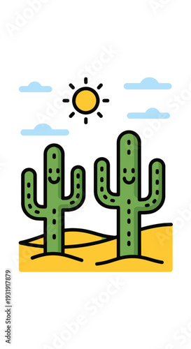Friendly Cartoon Saguaro Cacti Smiling Happily in a Sunny Desert Landscape with Sand Dunes