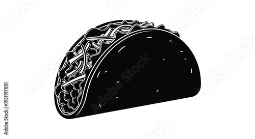 A detailed black silhouette of a filled taco showcasing its ingredients silhouette