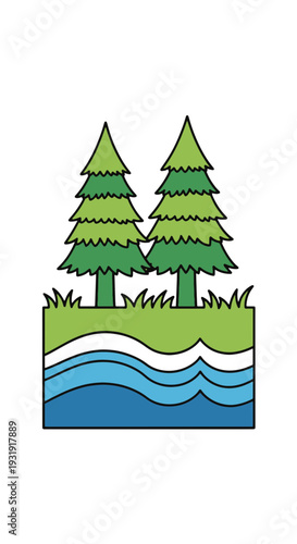 Two Stylized Evergreen Trees on Green Grassy Land Above Flowing Blue Water Layers Nature Landscape