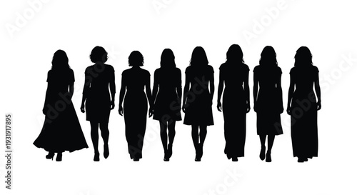 A group of eight women in silhouette wearing various styles of elegant dresses.