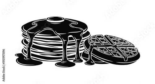 A stack of pancakes with dripping syrup and a waffle black silhouette