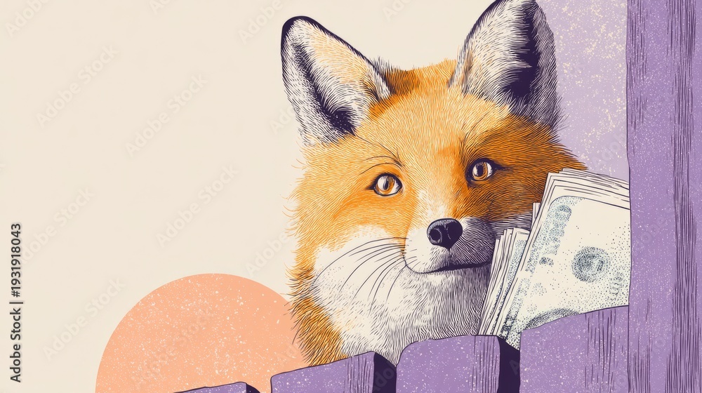Obraz premium Quirky Illustration of a Fox with a Suspicious Grin Passing by a Wall