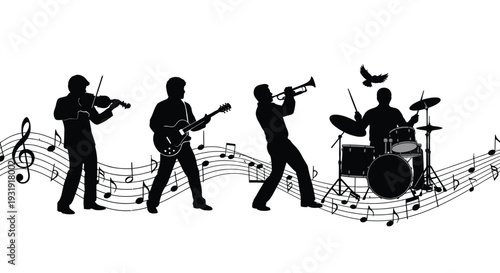 There are silhouettes of musicians performing jazz, including a violinist, guitarist, trumpeter, and drummer, against a backdrop of musical notes.