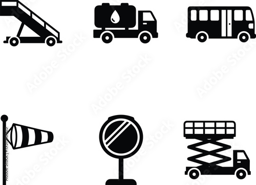 Airport ground support equipment icons, mobile stairway, fuel truck, shuttle bus, windsock, no-entry sign, scissor lift, aviation operations illustration