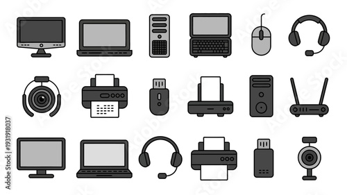 Digital Tech Array: An array of essential digital tech components, presented in a clean and consistent style, offers a glimpse into the modern digital landscape.