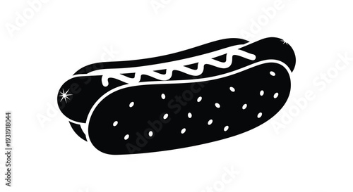 Black silhouette of a hotdog with bun and toppings silhouette