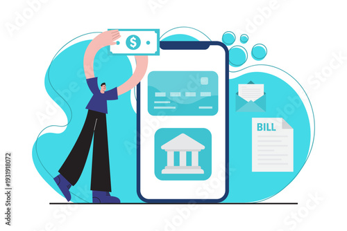 Flat vector illustration showing mobile banking deposit and online payment using smartphone application. Concept of fintech technology digital finance and modern cashless financial services.