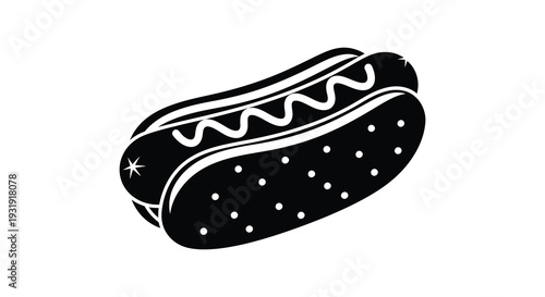 Black and white illustration of a hotdog with condiments a striking silhouette