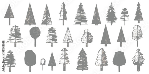 Large set of hand-drawn tree silhouettes and sketches including pine, fir, and deciduous trees for forest nature vector illustration