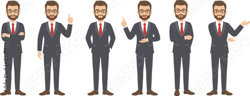 Cartoon businessman character in suit and red tie with beard and glasses showing multiple gestures, professional poses for presentation, communication, and corporate illustration design