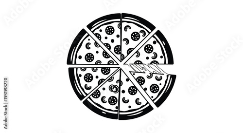 Stylized pizza with missing slice black and white graphic silhouette