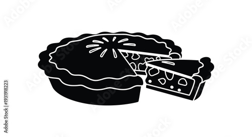 Black and white american apple pie illustration with a missing slice stark silhouette