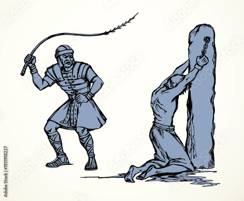 Vector drawing. Beaten man tied to a pole
