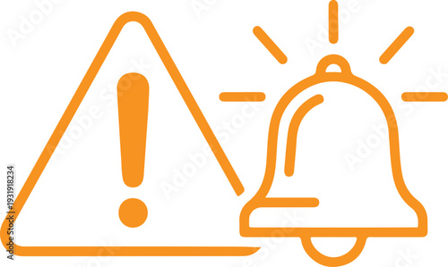 An orange outline warning sign and ringing bell icon, vector illustration