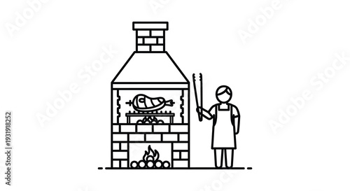 Barbecue grill with chef cooking meat simple line art silhouette