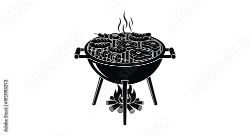 Black silhouette of a grill with food cooking emitting smoke silhouette