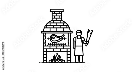 Barbecue scene with a chef and grill depicted in a linear silhouette