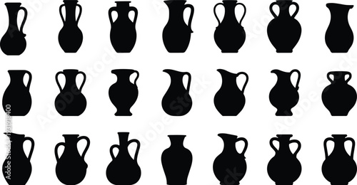 Ancient vase silhouettes, amphora shapes, pottery collection, classical design, ceramic art, archaeology illustration, decorative vessels, antique jars, historic container forms, museum artifacts
