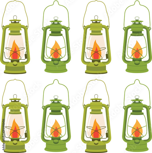 Vintage kerosene lantern set, green camping oil lamps with glowing flame isolated on white background vector illustration collection