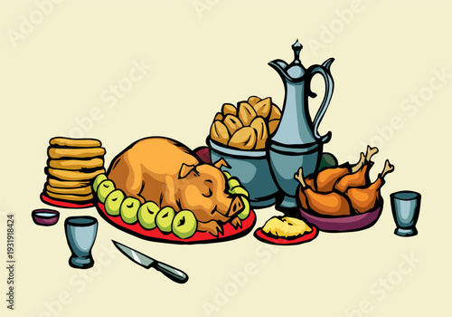 Vector drawing. Tasty feast food