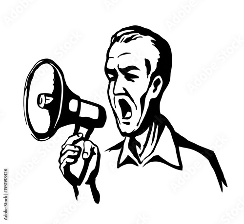Vector Illustration. Man Shouting Into Megaphone