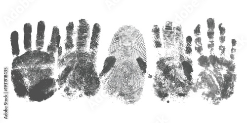 Set of textured black handprints and fingerprint on white background forensic identity vector illustration for creative design projects