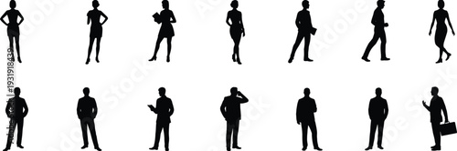 Business people silhouettes collection, corporate professionals standing and walking isolated on white background, office team vector illustration set