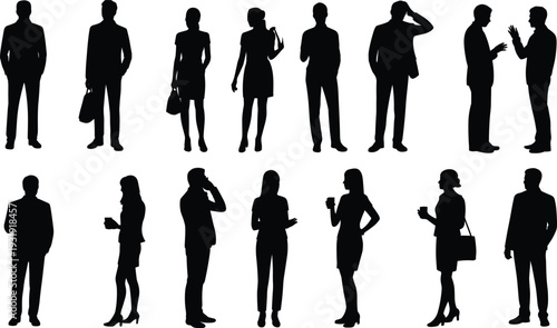 Business people silhouettes, professional teamwork, office workers, corporate lifestyle, communication, collaboration, standing, walking, talking, phone, cup, modern workplace