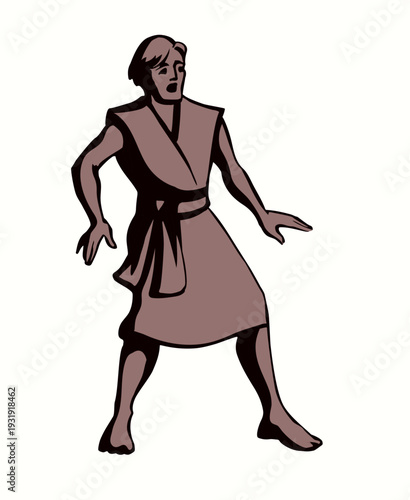 Vector drawing. Fearfull man in ancient dress