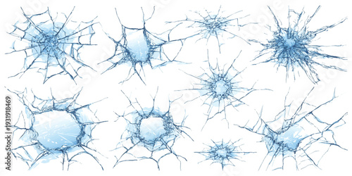 Set of realistic broken glass textures with shattered cracks and bullet hole impact effects isolated on white vector illustration