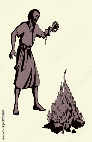 Vector drawing. A snake bit a man's hand