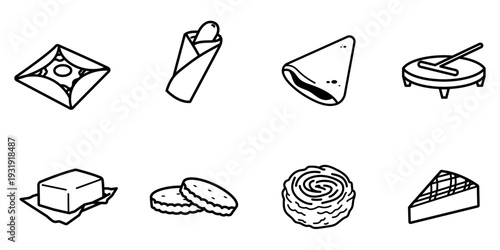 Collection d’icônes culinaires minimalistes représentant des spécialités bretonnes : galette, galette saucisse, crêpe, beurre demi-sel, palets et gâteau breton en style line art noir.