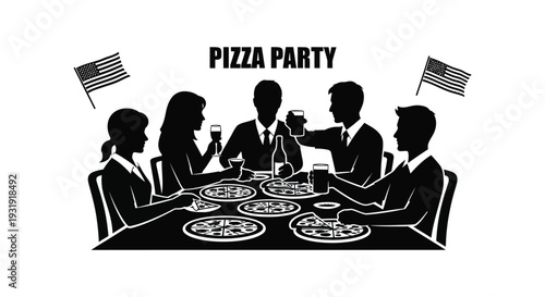 A group enjoys pizza and drinks at a table stylized in silhouette