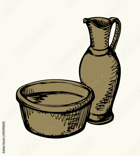 Vector drawing. Jug and bowl