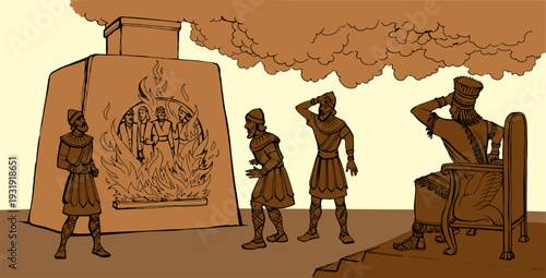 Vector drawing. Young men in the oven