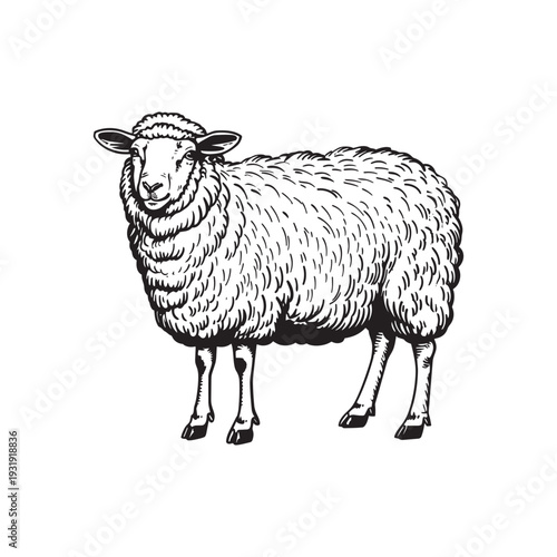 White fluffy sheep standing and looking at viewer vector illustration