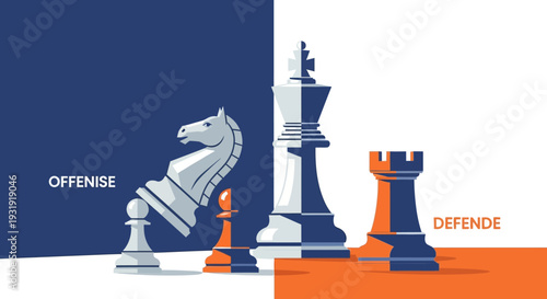 Strategic chess pieces symbolizing offense and defense with contrasting colors, a game concept