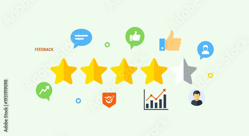 Customer satisfaction rating with stars and feedback symbols for business review illustration