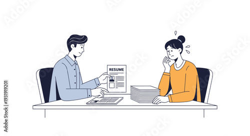Job interview scenario depicting stress, resume review, and the interview process dynamics