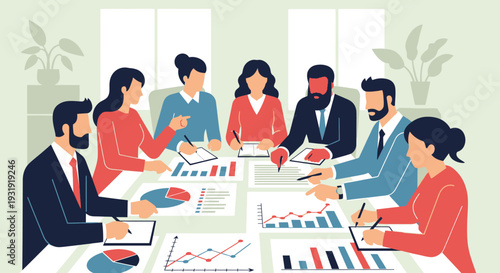 Business team meeting analyzing financial data and planning strategies together in office