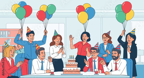 Corporate birthday celebration showing coworkers at office party with cake and balloons filled