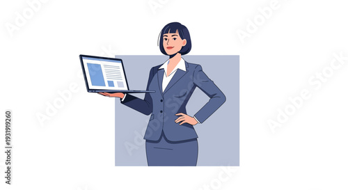 Businesswoman presenting data on a laptop in a confident pose with a neutral background