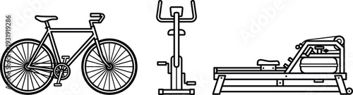 Bicycle Exercise Bike and Rowing Machine Outline Vector Illustration Fitness Equipment Set Black and White Isolated on White Background