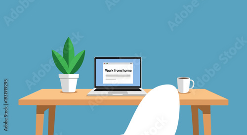 Stylized illustration depicting a work from home setup with laptop plant and coffee mug