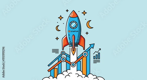 Cartoon illustration symbolizing startup launch with rocket and ascending graph showcasing rapid