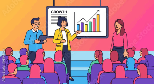Business presentation on company growth displayed to an attentive audience members at seminar