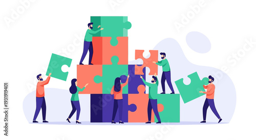 Collaborative teamwork concept illustrated by people building a puzzle tower together