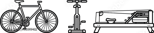 Bicycle Exercise Bike and Rowing Machine Line Art Vector Illustration Fitness Equipment Set Black and White Isolated Collection