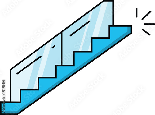 Blue glass staircase with black outline and radiating light effect stairs transparent