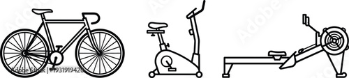 Bicycle Spin Bike and Rowing Machine Outline Vector Illustration Fitness Gym Equipment Icons Black and White Isolated Set